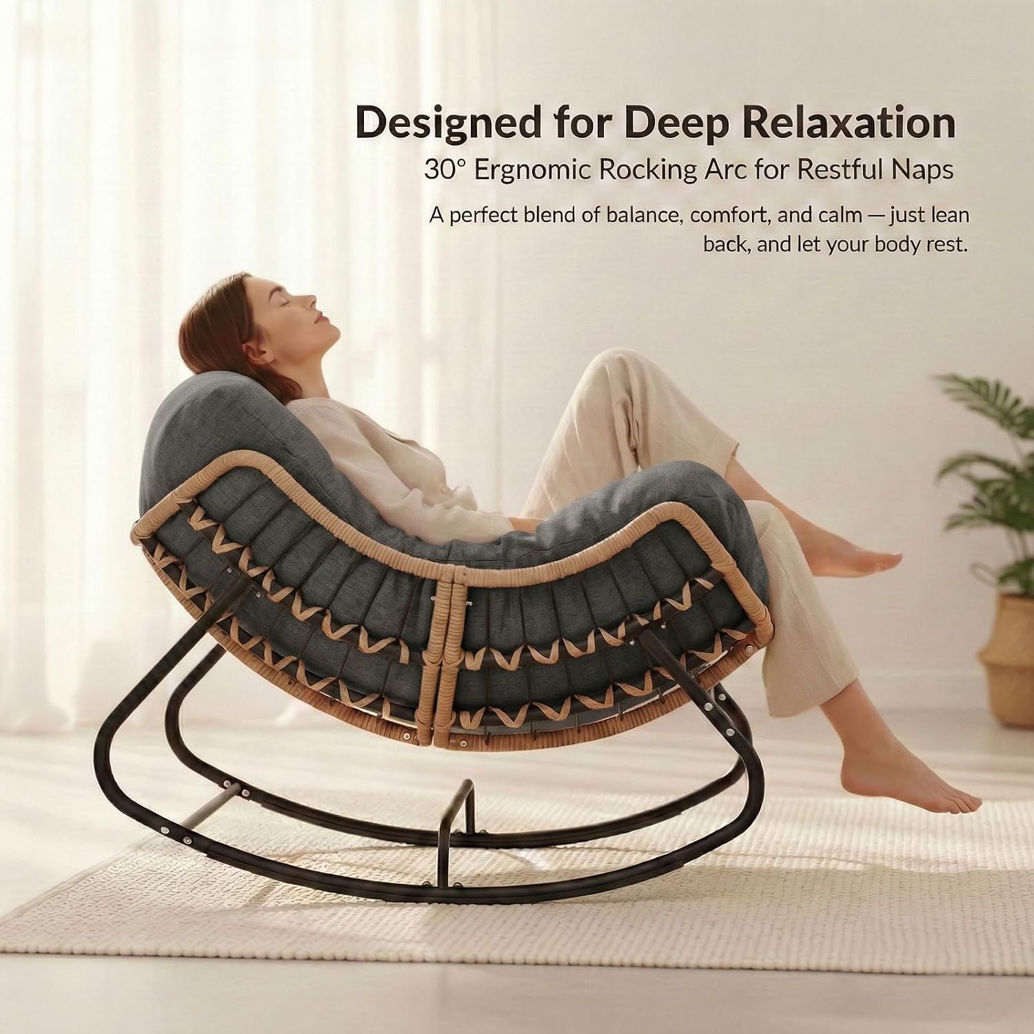 Oversized Papasan Rocking Chair Outdoor, Comfy Wicker Patio Papasan Egg Rocker with Thick Cushion for 450 lbs, Indoor Lounge Reading Chair for Living Room, Porch, Garden, Balcony-Dark Gray