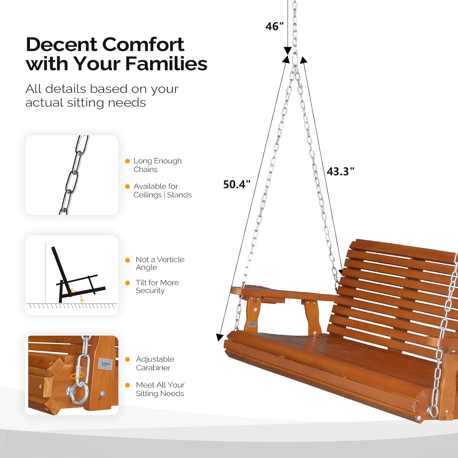 VINGLI XL Size Patio Wooden Porch Swing Outdoor with Cup Holders & Phone Slots, Heavy Duty 880 LBS Hanging Swing Chair Bench with Hanging Chains for Yard, Lawn, Garden (5 FT Pro, Brown)