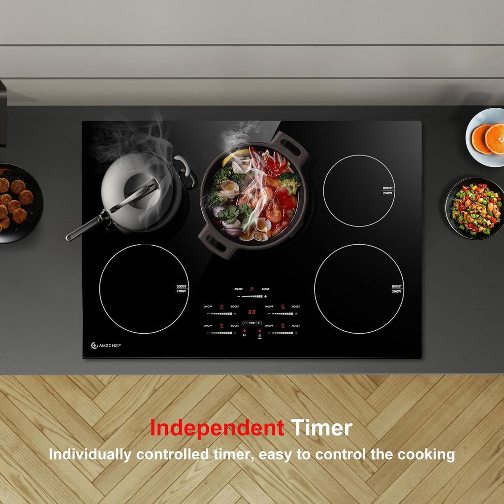30 Inch 10600W Induction Cooktop,AMZCHEF 9 Levels Electric Cooktop with 5 BOOST Burners, Bulid-in Induction Stove Control by Slide Touchscreen, Safety Lock, Independent Timer, No Plug, 240V