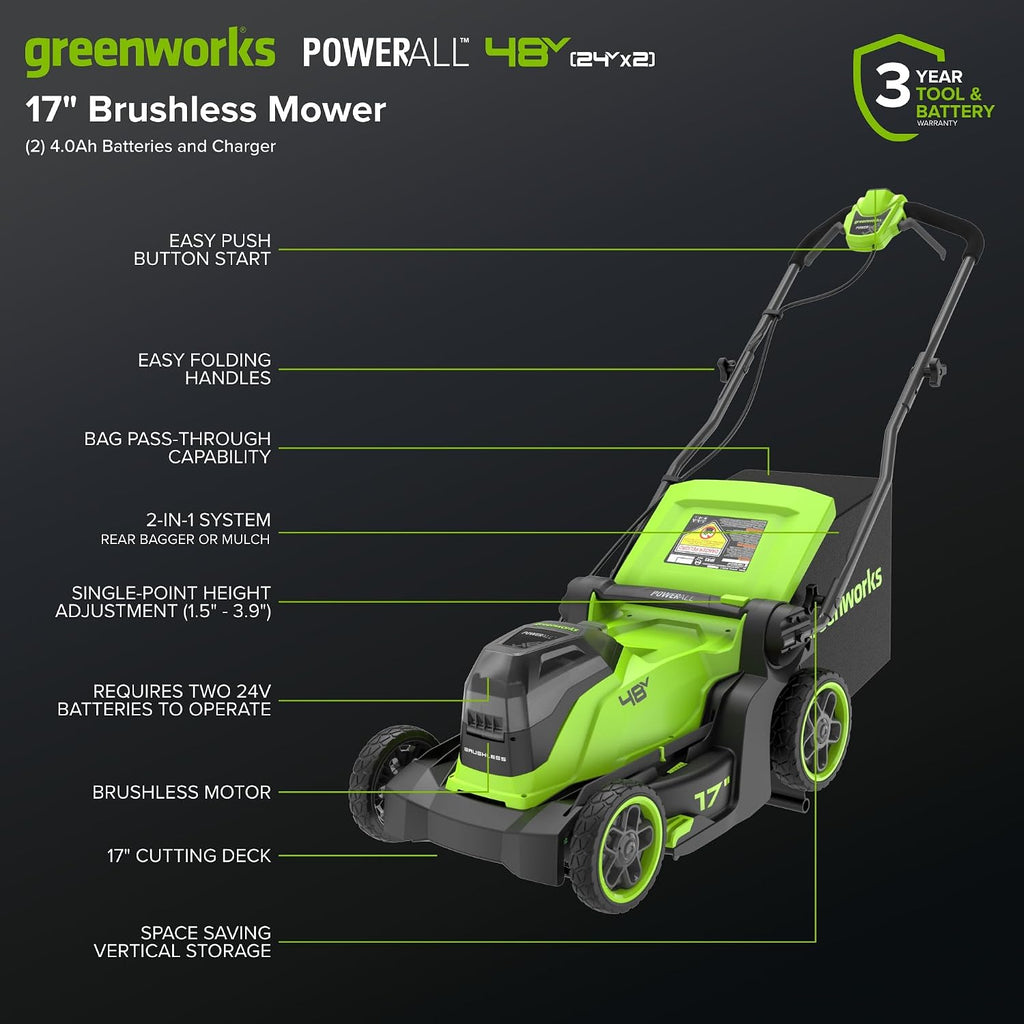 Greenworks 48V (24V x 2) 17' Brushless Push Lawn Mower with (2) 4.0Ah Batteries & 65W Type-C Charger