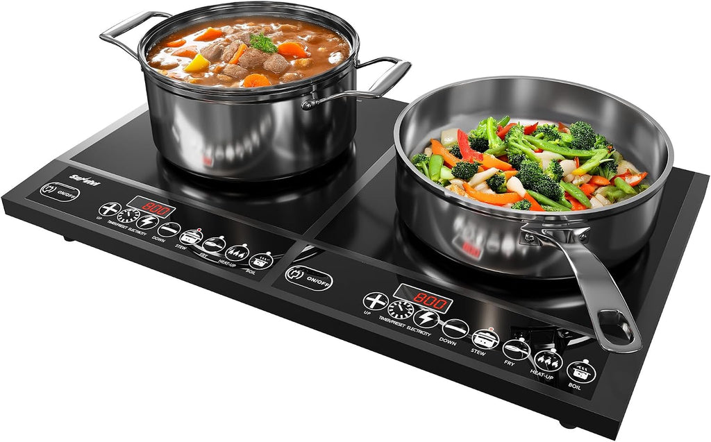 Sunvivi Portable Induction Cooktop: 2 Burners in 1, Commercial-Grade Electric Countertop Stove with LED Touchscreen, 8 Power Levels & Precise Temp Control (176°F-518°F), Independent Timer, Black