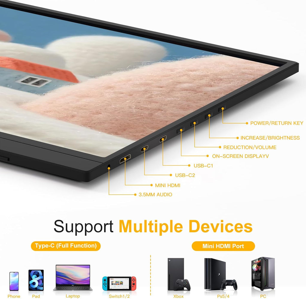 144Hz 16' Portable Monitor,1920×1200 FHD IPS Plug&Play Second External Monitor with USB-C Mini HDMI Port,Second Screen Compatible with PC Phone Mac Xbox PS4/5-Z8