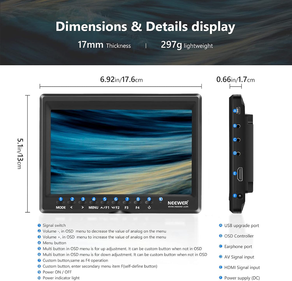 NEEWER F100 7 Inch Camera Field Monitor HD Video Assist Slim IPS 1280x800 HDMI Input 1080p with 2600mAh Li-ion Battery/USB Charger for DSLR Cameras, Handheld Stabilizer, Film Video Making Rig