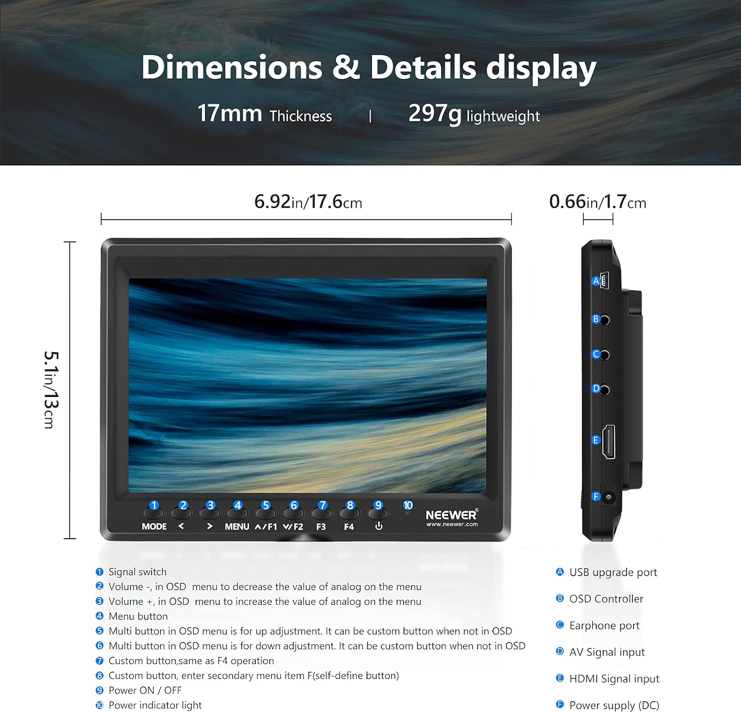 NEEWER F100 7 Inch Camera Field Monitor HD Video Assist Slim IPS 1280x800 HDMI Input 1080p with 2600mAh Li-ion Battery/USB Charger for DSLR Cameras, Handheld Stabilizer, Film Video Making Rig