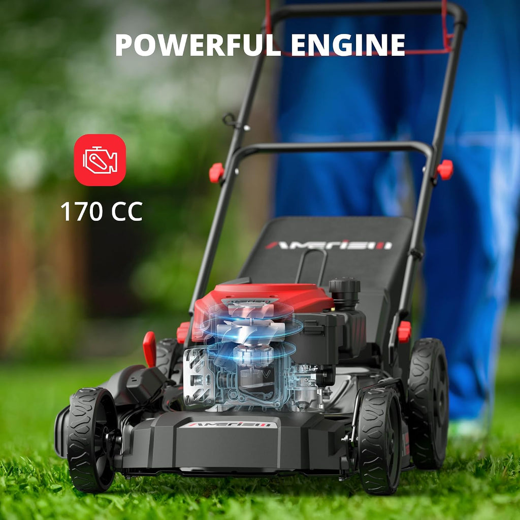 AMERISUN 21-Inch Gas Lawn Mower Self Propelled with 170cc OHV Engine, 3-in-1 Cutting System, 6-Level Height Adjustment, 1.4-Bushel Grass Catcher, Foldable Handle for Easy Storage