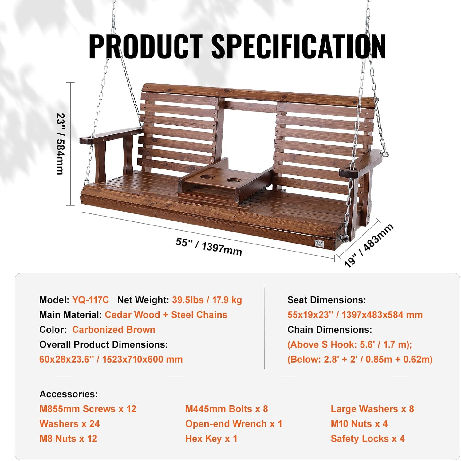 VEVOR Wooden Porch Swing 5 ft, Patio Bench Swing for Courtyard & Garden, Upgraded 880 lbs Strong Load Capacity, Heavy Duty Swing Chair Bench with Hanging Chains for Outdoors, Brown