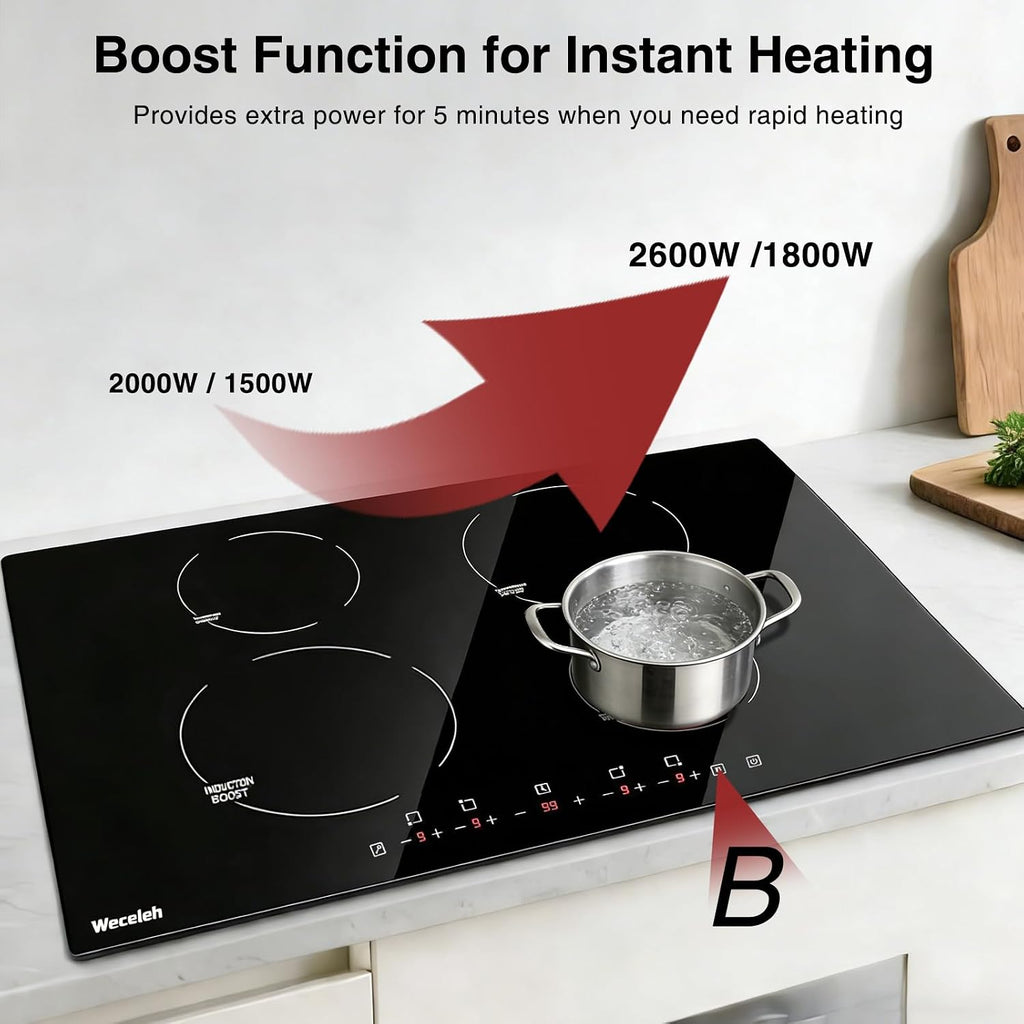 30 Inch Induction Cooktop 4 BOOST Burner, Weceleh Drop in Electric Cooktop, 9 Power Levels, Child Safety Lock, Timer, Touch Control, Overheat Protection,7000W/220-240V Induction StoveTop, No Plug