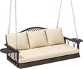 Outsunny 3 Person Wicker Porch Swing Chair Heavy Duty 800 LBS with Cup Holder, 57 Inch Outdoor Rattan Patio Hanging Swing Bench with Cushions and Chains for Garden, Backyard, Brown