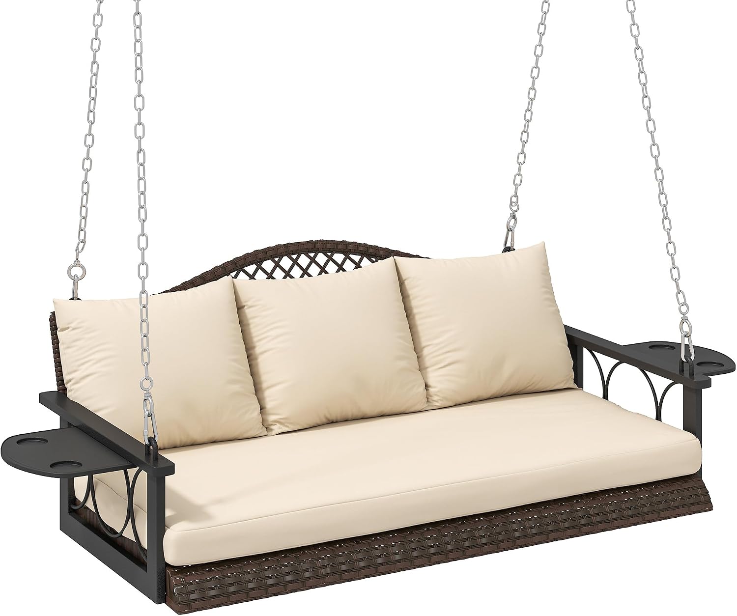 Outsunny 3 Person Wicker Porch Swing Chair Heavy Duty 800 LBS with Cup Holder, 57 Inch Outdoor Rattan Patio Hanging Swing Bench with Cushions and Chains for Garden, Backyard, Brown