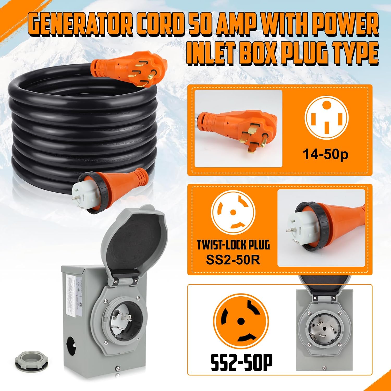 50Amp 20FT Generator Extension Cord Power Inlet Box with Locking Connector,125/250V,4 Prong NEMA 14-50P SS2-50R Generator Cable Pre-Drilled Generator Inlet Box for Generator RV Outdoor Use