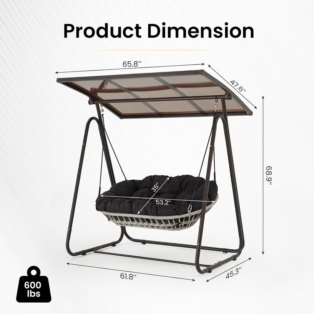 2-Seat Outdoor Patio Porch Swing with Polycarbonate (PC) Canopy, All-Weather Outdoor Swing Chair with 4.7' Thick Cushion and Hand-Woven Rope, Heavy Duty Steel Frame for Patio, Garden, Black