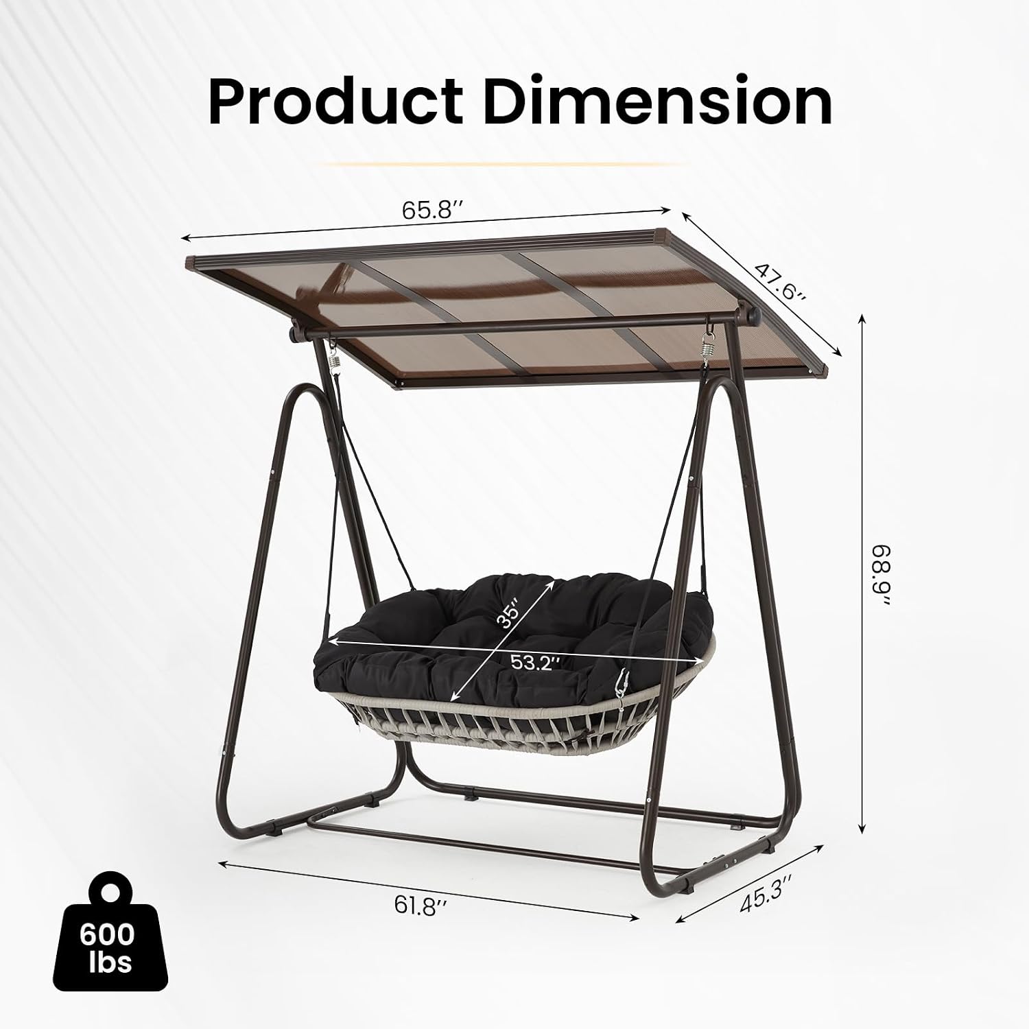 2-Seat Outdoor Patio Porch Swing with Polycarbonate (PC) Canopy, All-Weather Outdoor Swing Chair with 4.7' Thick Cushion and Hand-Woven Rope, Heavy Duty Steel Frame for Patio, Garden, Black