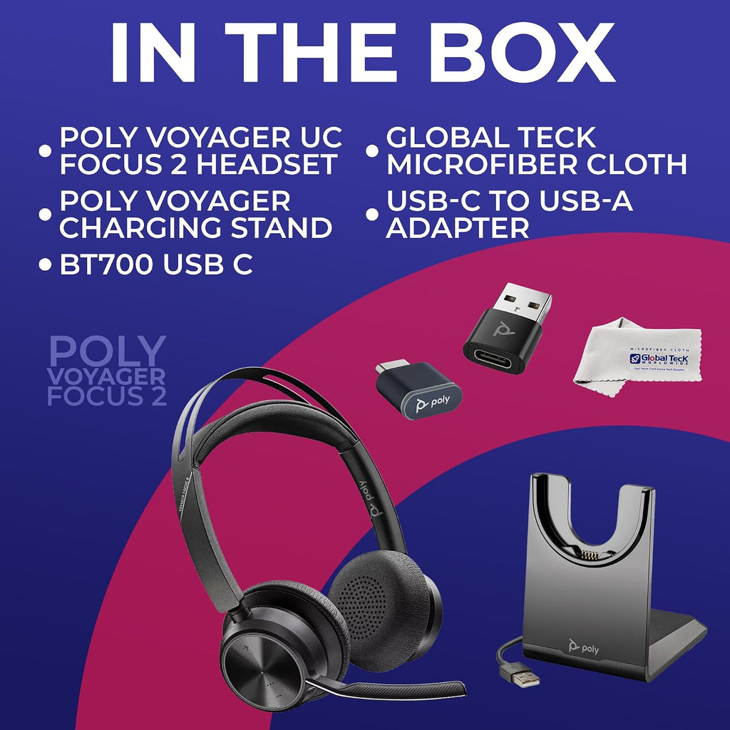Poly Plantronics Voyager Focus 2 UC Bluetooth Stereo Headset with Charging Stand, USB-C/A Adapters, Connects to Teams, Zoom and All Leading UC Platforms, Pairs to Both Laptop and Cellphone, GTW Cloth