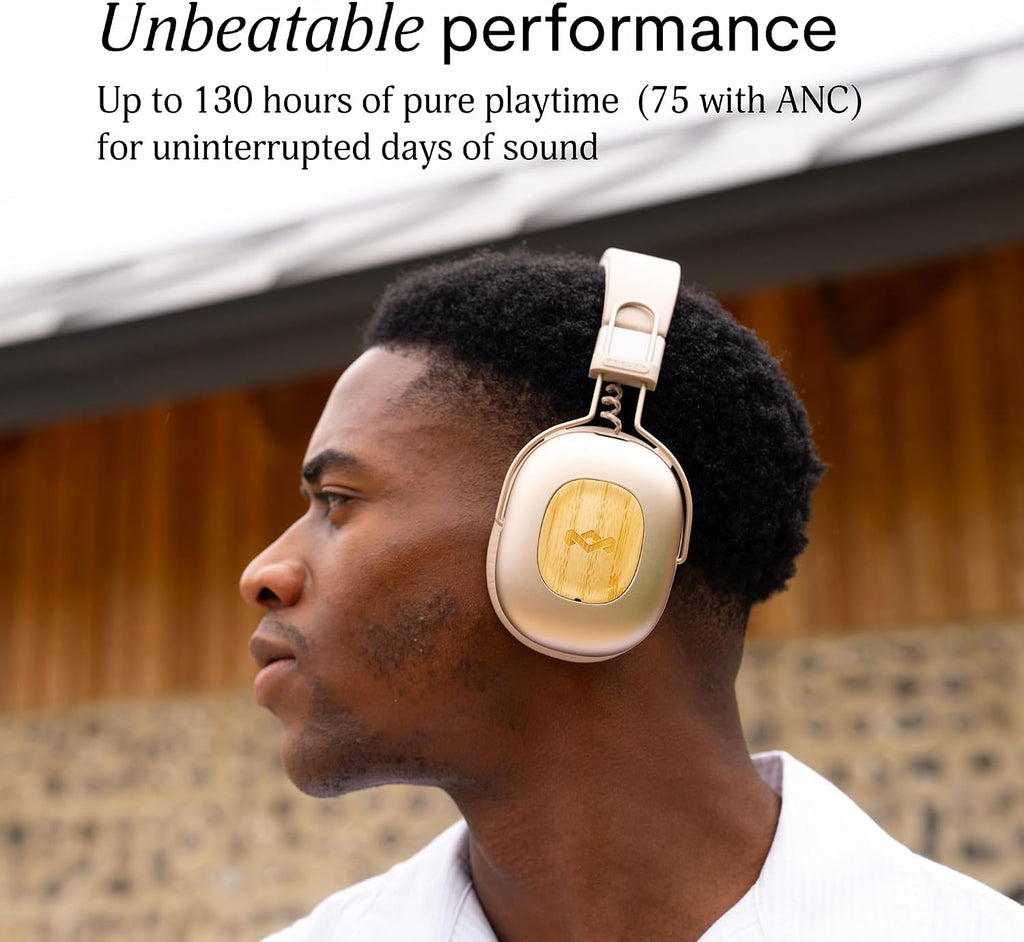 House of Marley Positive Vibration Rebel Wireless ANC Headphones - Over Ear Bluetooth Earphones with Adaptive Noise Cancelling, 130 H Playtime, IPX5, Sustainable Materials (Cream)
