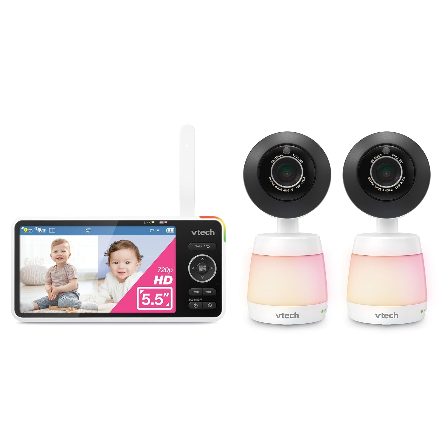 VTech Smart HD Plus Twin 2-Camera Smart WiFi Baby Monitor – 2K Cameras, 5.5' HD Split-Screen, 24X Zoom, Free App, Multi-Color Night Light