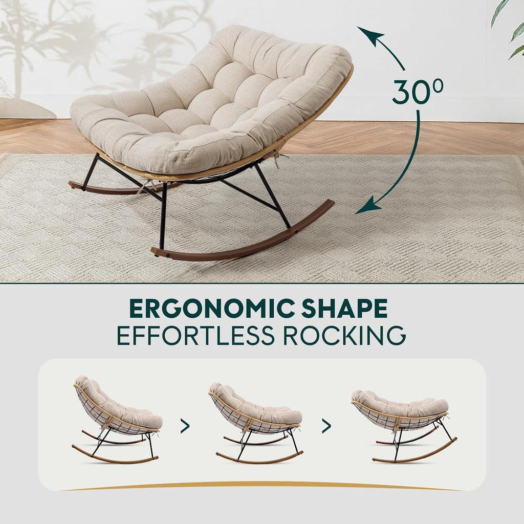Bme Patio Rocking Chair Outdoor and Indoor, Modern Metal Lounge Rocker with Thick 7'' Cushion, 400lbs Capacity, Ergonomic Design, Easy Assembly, Beige Cushion - Wood Texture Rocker
