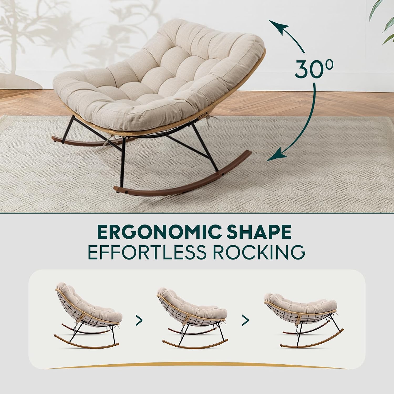 Bme Patio Rocking Chair Outdoor and Indoor, Modern Metal Lounge Rocker with Thick 7'' Cushion, 400lbs Capacity, Ergonomic Design, Easy Assembly, Beige Cushion - Wood Texture Rocker
