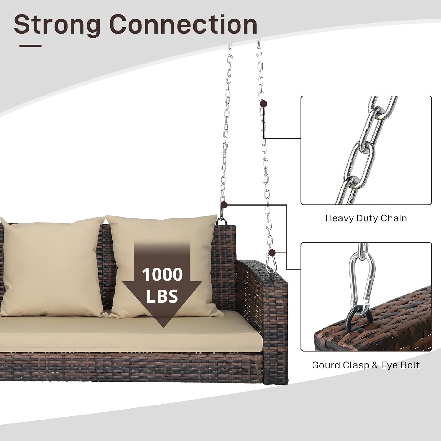 Outvita Porch Swing, 5FT Hanging Outdoor Porch Swings for Adults, Wicker 3 Person Patio Swing, with Cushion, Pillow and Chain for Garden, Backyard, Weight Capacity - 1000lbs
