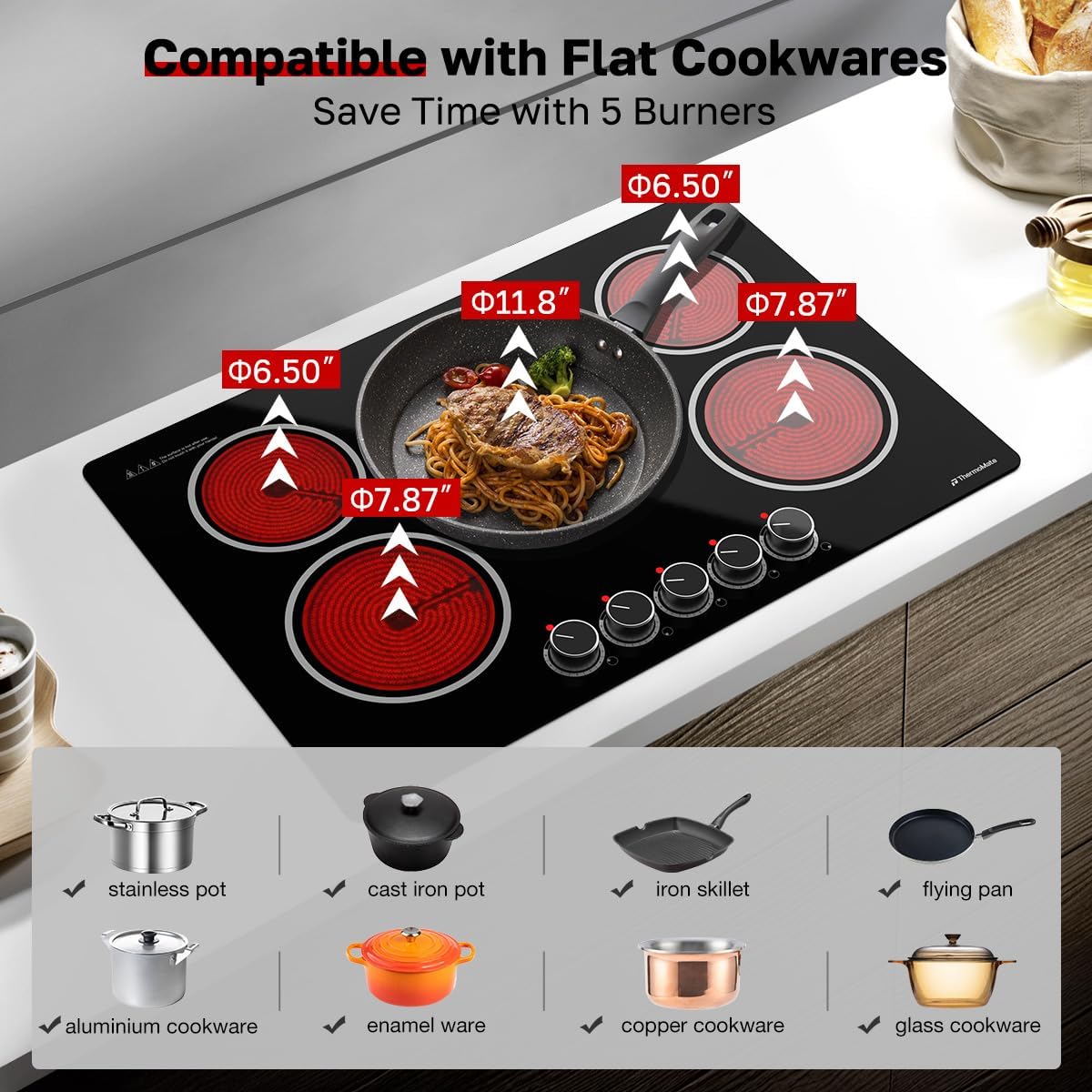 ThermoMate 30 Inch Electric Cooktop, 5 Burners Knob Control Built-in Ceramic Cooktop, 30' Radiant Electric Stove Top of 9000W with 9 Heat Levels, Hot Surface Indicator, 220-240v, Hard Wired