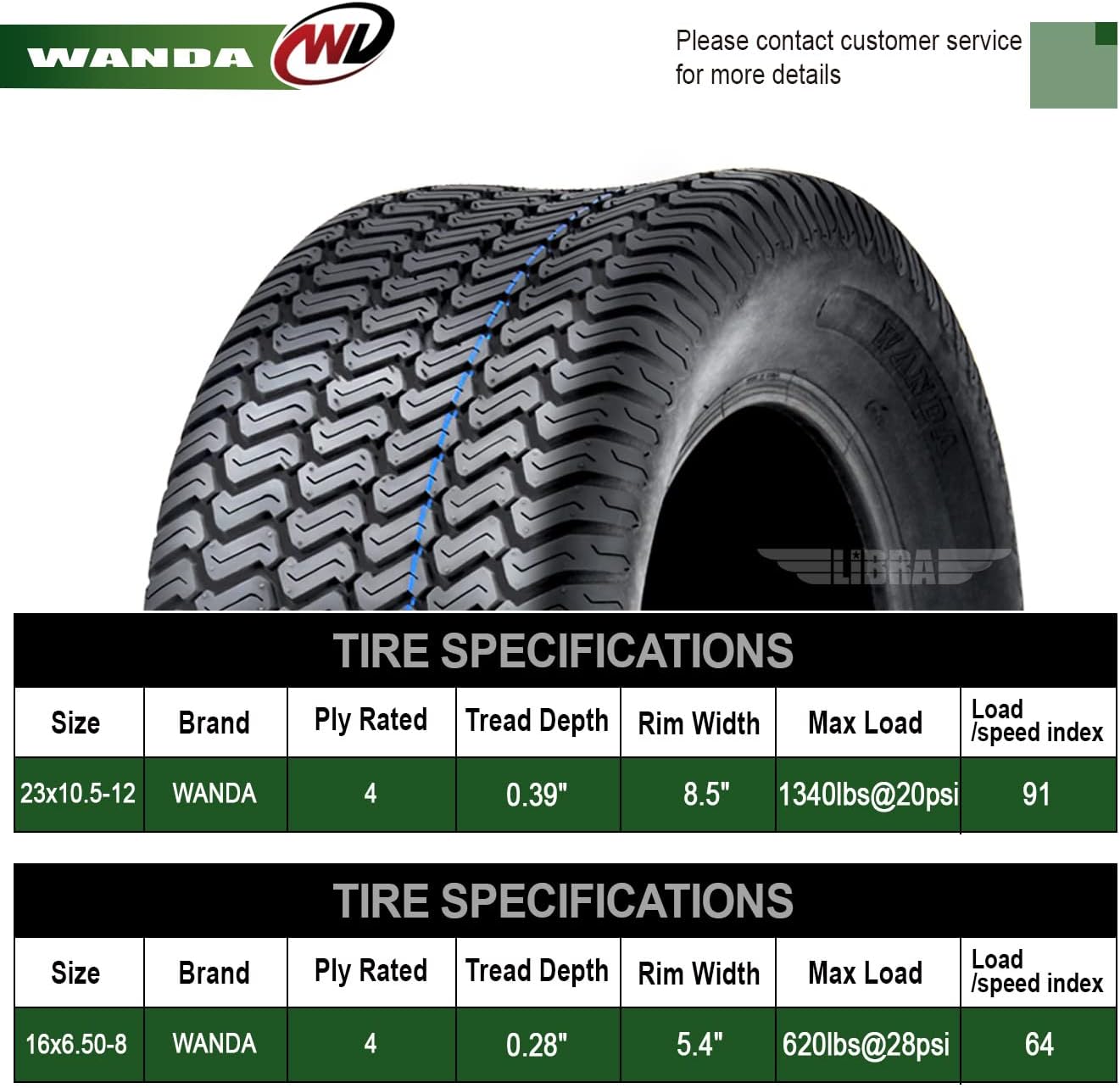 WANDA Set 4 Lawn Mower Turf Tires 16x6.5-8 Front & 23x10.5-12 Rear /4PR -13019/13049