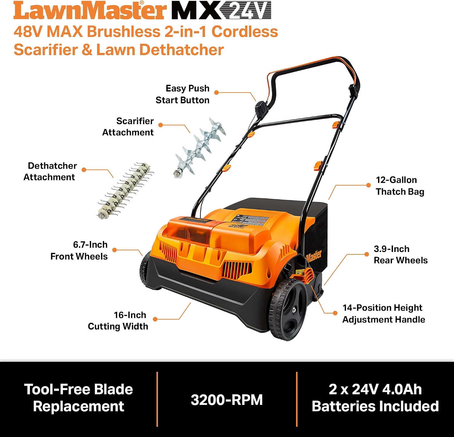 LawnMaster 48V MAX Brushless 16' 2-in-1 Cordless Dethatcher and Scarifier with Removable Thatch Collection Bag Quick-Fold – CLGVB4816