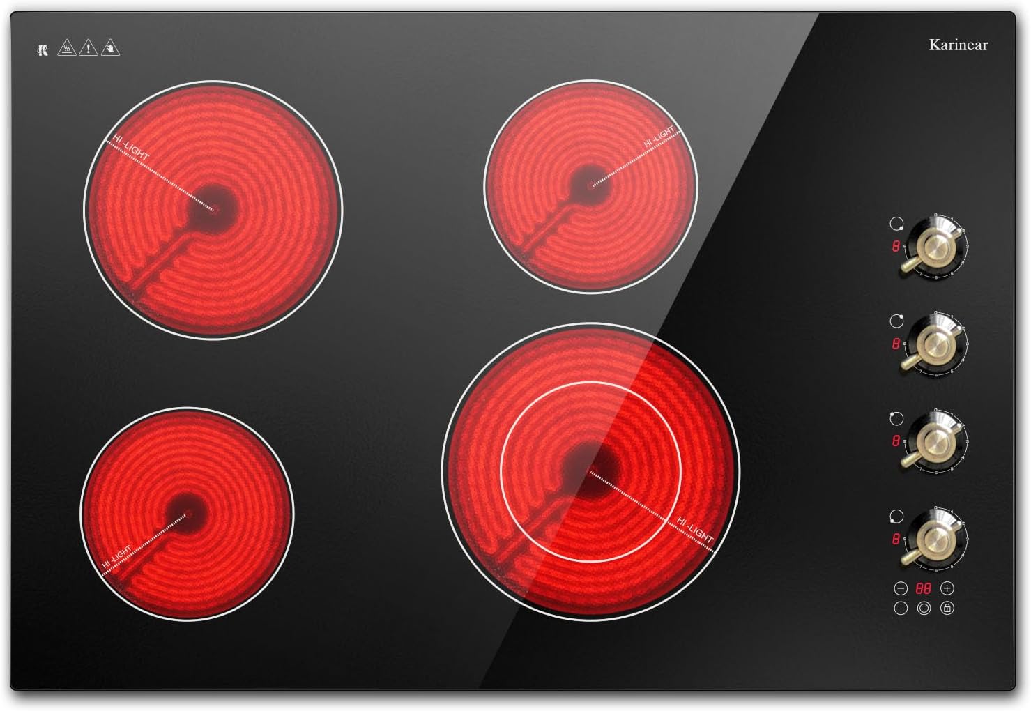 Karinear Electric Cooktop 30 Inch, 4 Burners Electric Stove Top, Built-in Radiant Cooktop with Expandable Burner, Knob Control, Safety Lock, Timer, 6700W 220~240V Hard Wired(No Plug)