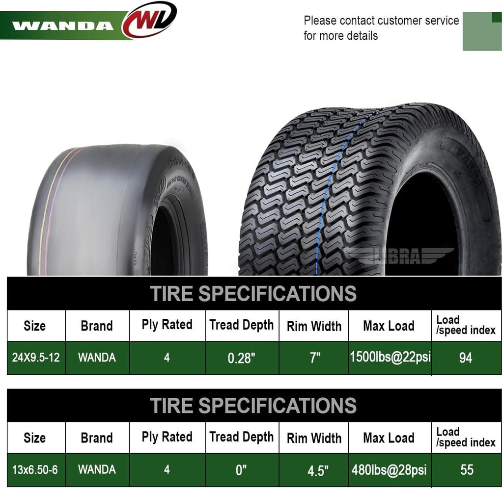 WANDA Set 4 Zero-Turn Lawn Mower Turf Tires 13x6.5-6 Front & 24x9.5-12 Rear /4PR -13207/13050