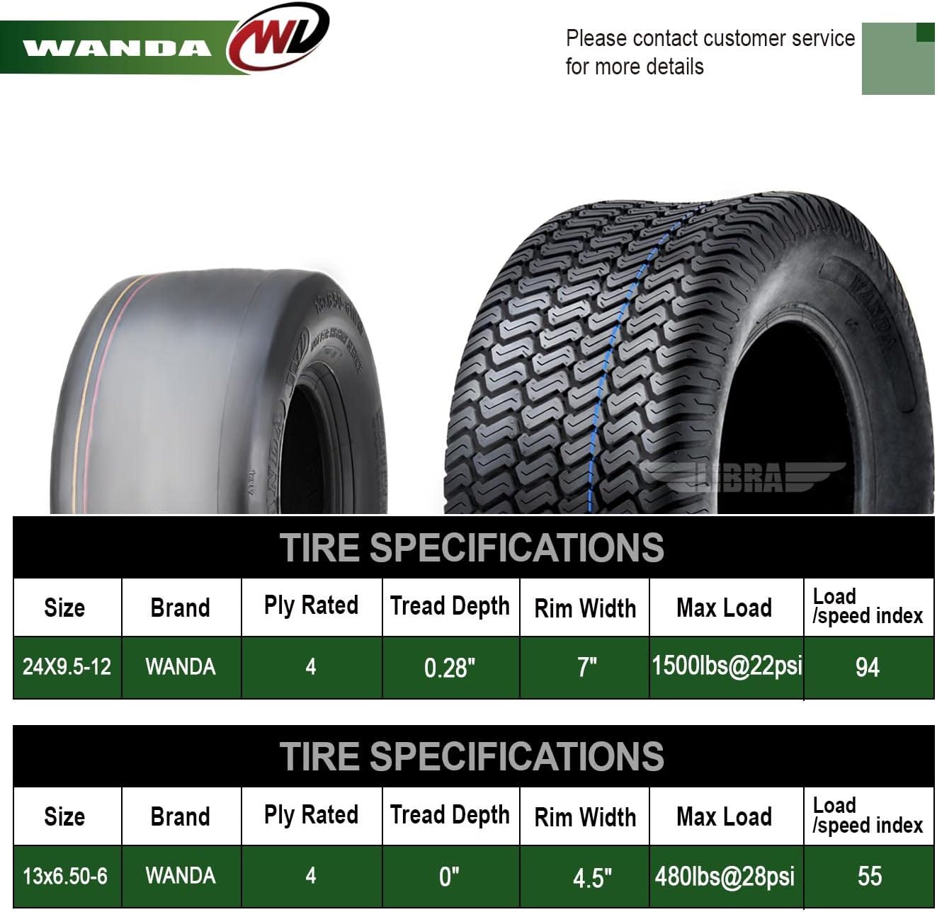 WANDA Set 4 Zero-Turn Lawn Mower Turf Tires 13x6.5-6 Front & 24x9.5-12 Rear /4PR -13207/13050