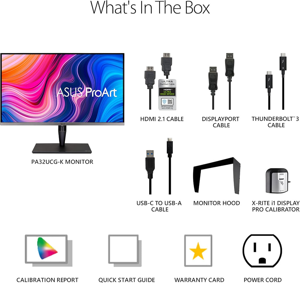 ASUS ProArt Display 32' 4K HDR Computer Monitor (PA32UCG-K) - UHD (3840 x 2160), Mini-LED IPS, 1600nits, 120Hz, 10-bit, Thunderbolt 3, HDMI2.1, w/Calibrator, Compatible with Laptop & Mac Monitor