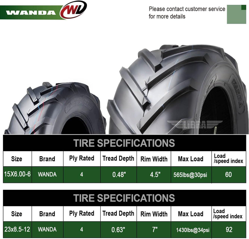 WANDA Set 4 15X6-6 & 23X8.5-12 Lawn Mower Agriculture Farm Tractor Tires Super Lug 4 Ply-13078/13073