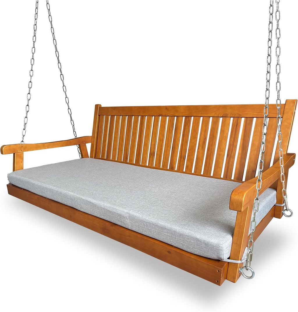 6 FT Wooden Porch Swing Bed with Thick Cushion – Outdoor Hanging Daybed for Patio or Porch, Solid Fir Wood Frame, Weather-Resistant, Heavy Duty 1000 LBS (Teak Tone)