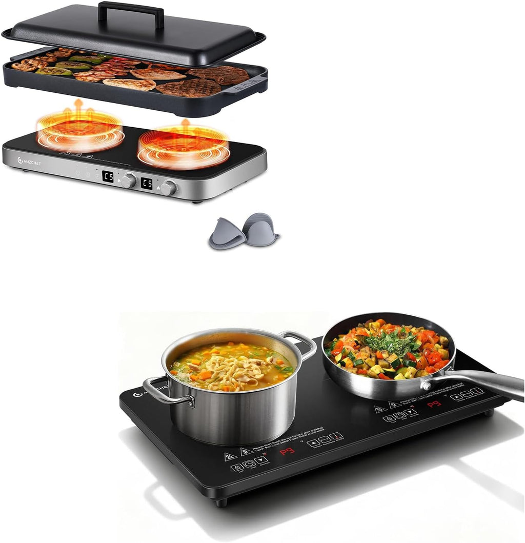 AMZCHEF Double Induction Cooktop with Removable Griddle Pan Non-stick & AMZCHEF Portable-Induction-Cooktop-2-Burner