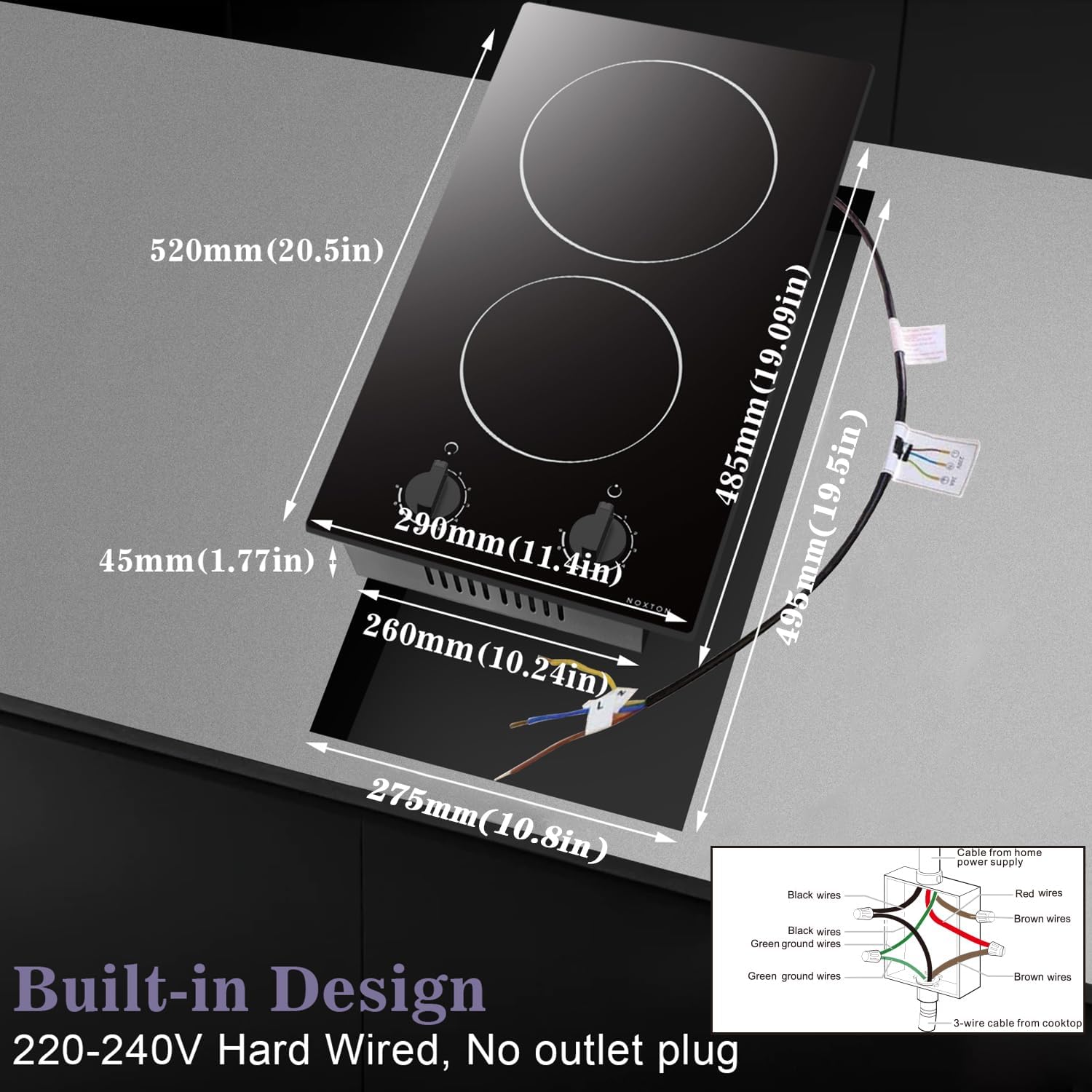 2 Burner Electric Cooktop, Noxton 12 inch Built-in Electric Stove Top, 3000W 220-240v Ceramic Cooktop with Knob Control 9 Heating Level, Hot Warning, Hardwired, No plug