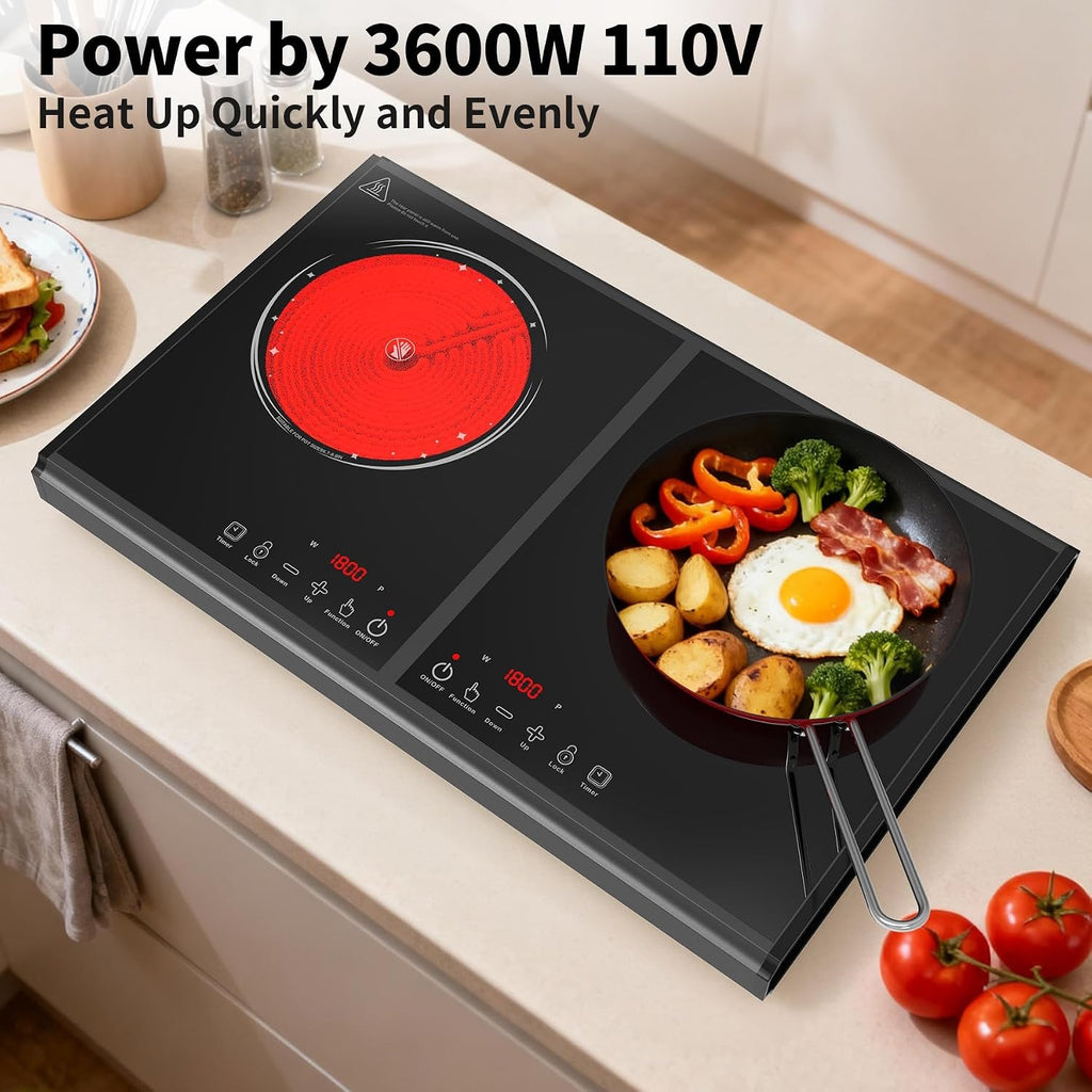 VBGK Electric Cooktop, 110V 3600w Stove top, 22 inch Countertop with 9 Power Levels, LED touch control Overheat Protection, Child Safety Lock & Timer, touch control 2 burer Electric cooktop
