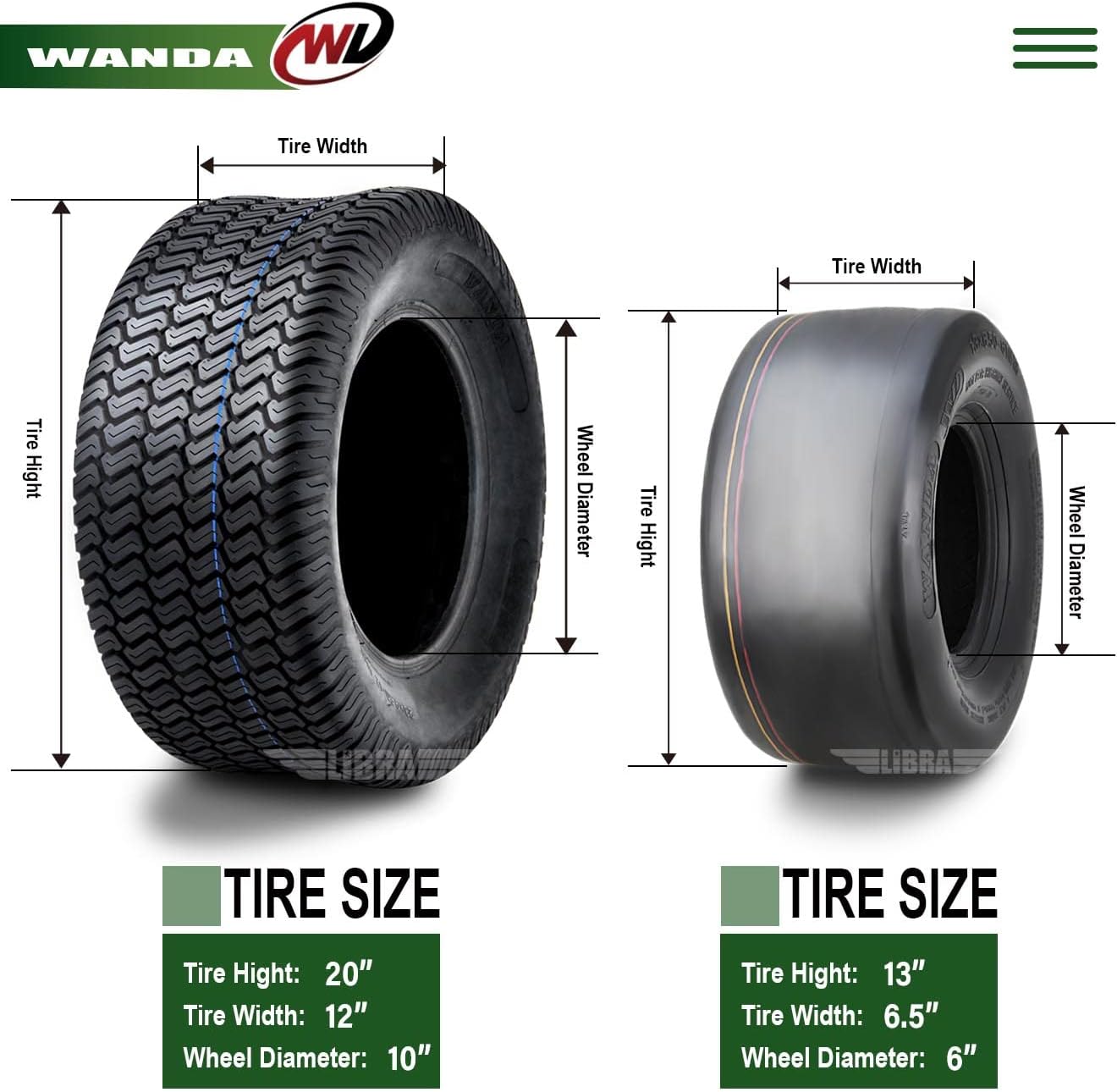 WANDA Set 4 Zero-Turn Lawn Mower Turf Tires 13x6.5-6 Front & 20x12-10 Rear /4PR -13207/13042
