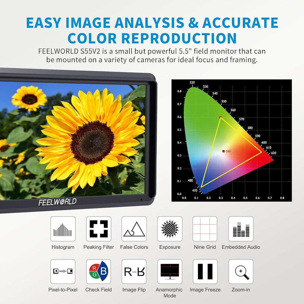 FEELWORLD S55 V3 6 Inch 500nit On Camera DSLR Field Monitor 4K HDMI Input Output 3D LUT Waveform Focus Assist, See Clearly, No More Guessing for Video Shooting Vlogging with F550 Battery and Bag