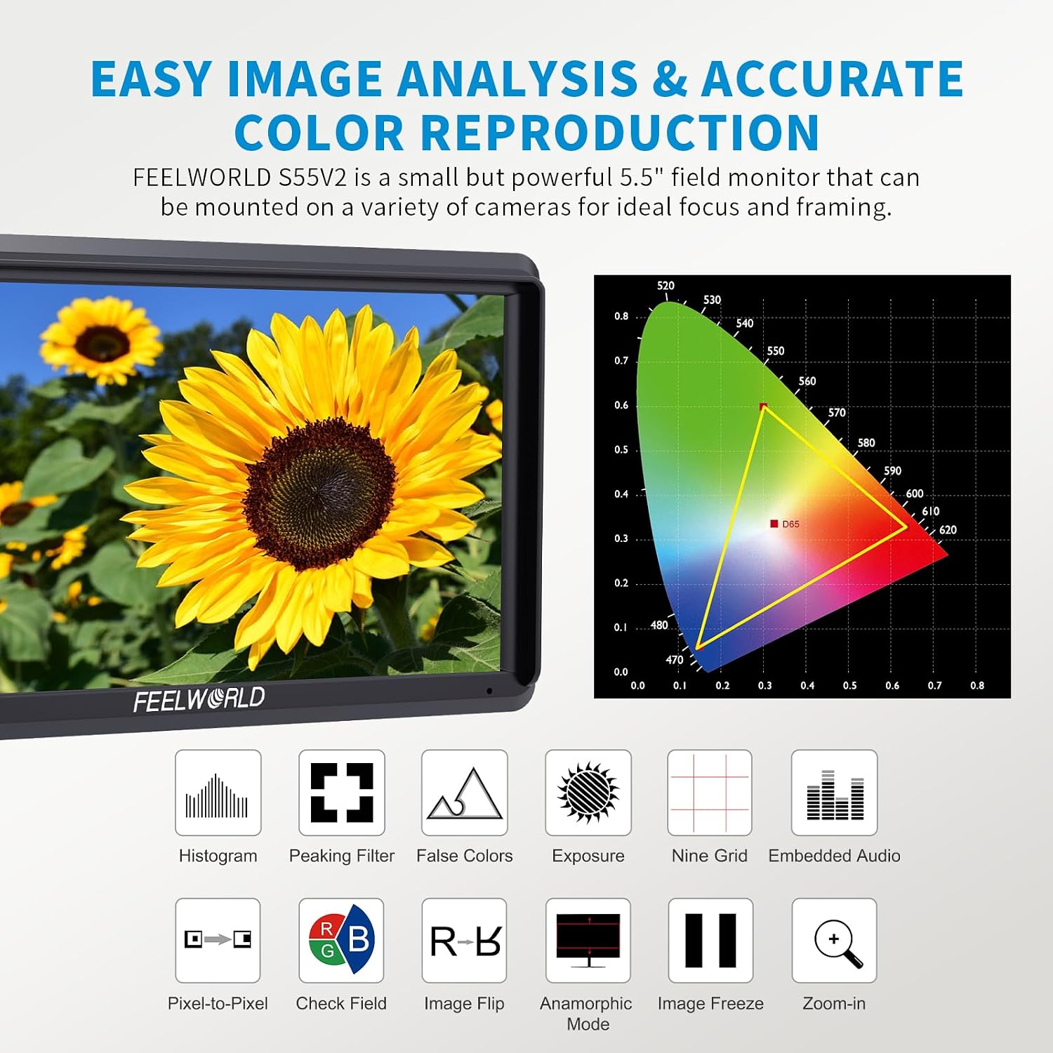 FEELWORLD S55 V3 6 Inch 500nit On Camera DSLR Field Monitor 4K HDMI Input Output 3D LUT Waveform Focus Assist, See Clearly, No More Guessing for Video Shooting Vlogging with F550 Battery and Bag