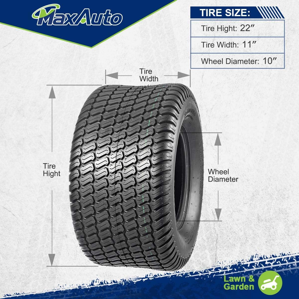 MaxAuto 22X11-10 Turf Lawn Mower Golf Cart Tractor Riding Garden Tire, P332 4PR Tubeless, Load Range B,2Pcs