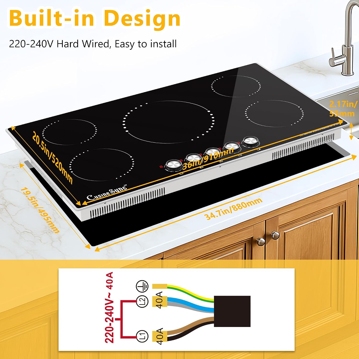 36 Inch Induction Cooktop, 5 Burner Electric Cooktop with 9 Power Levels, Knob Control, Auto shutdown and Residual Heat Warning, 9200W, 220-240V for Hard Wire