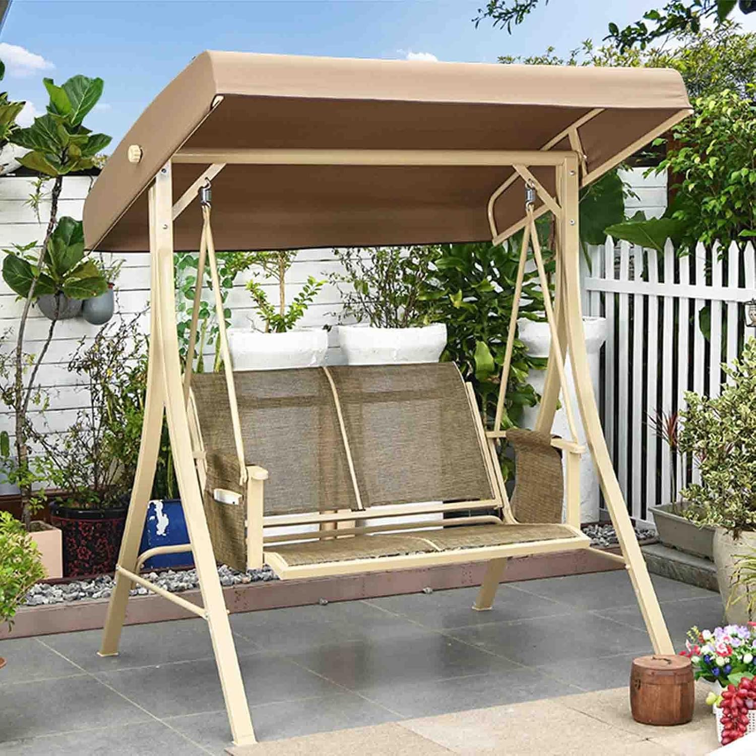 2-seat Outdoor Swing, Wrought Iron Rocking Chair, Balcony Hanging Chair, Frame Structure with Rotatable Canopy Porch Swing (Two Persons)
