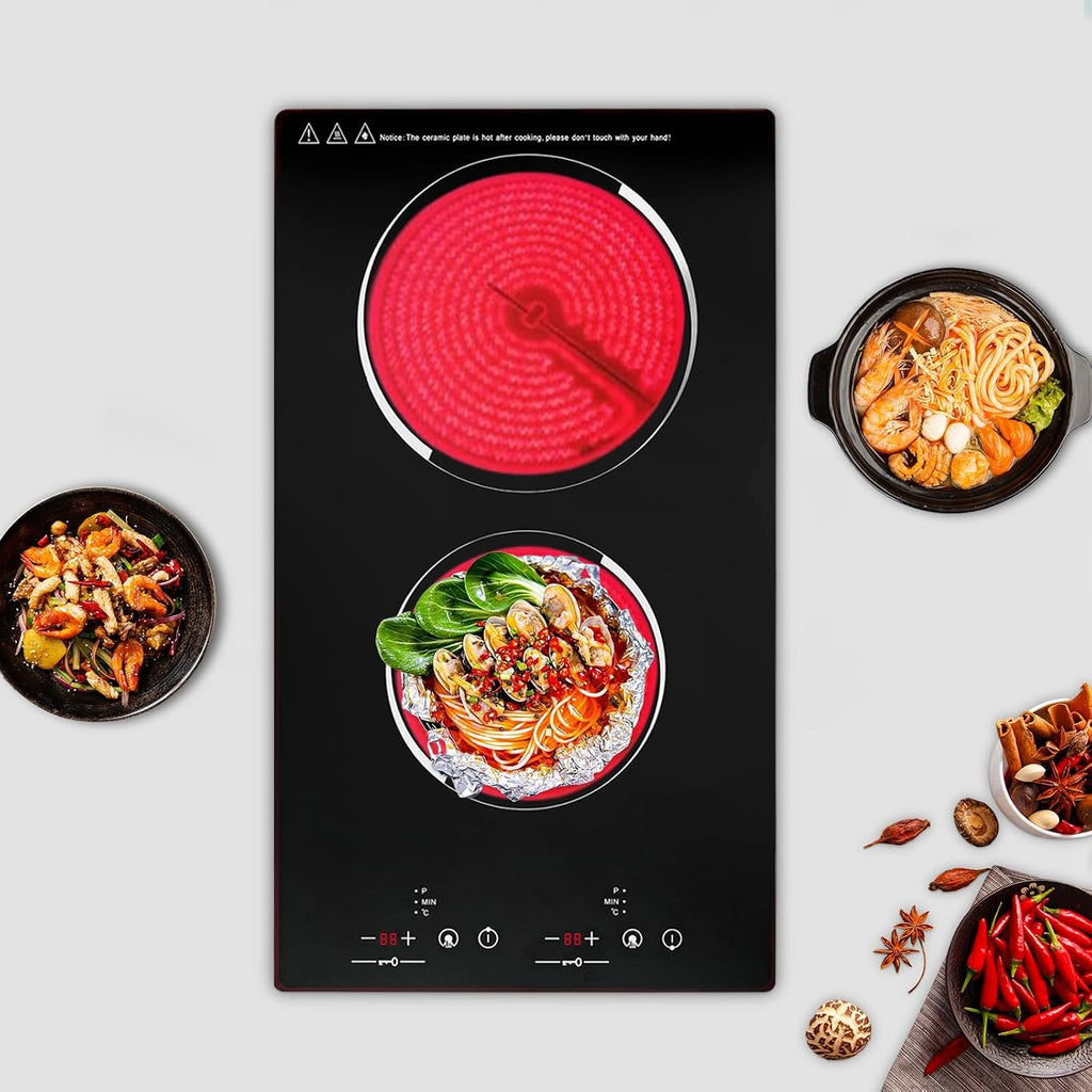 Electric Ceramic Cooktop With Plug, 1500W 110V Portable 2 Burners Built-in Sensor Touch Control Countertop Hot Plate, 9 Heating Levels