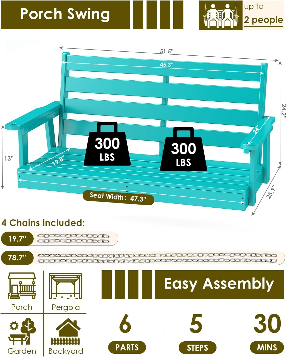 GREENVINES Porch Swing | 51'' | HDPE Plastic | for Outdoor Patio | All Weather | Waterproof Bench Swings | w/ 4 Stainless Steel Chains | Aqua
