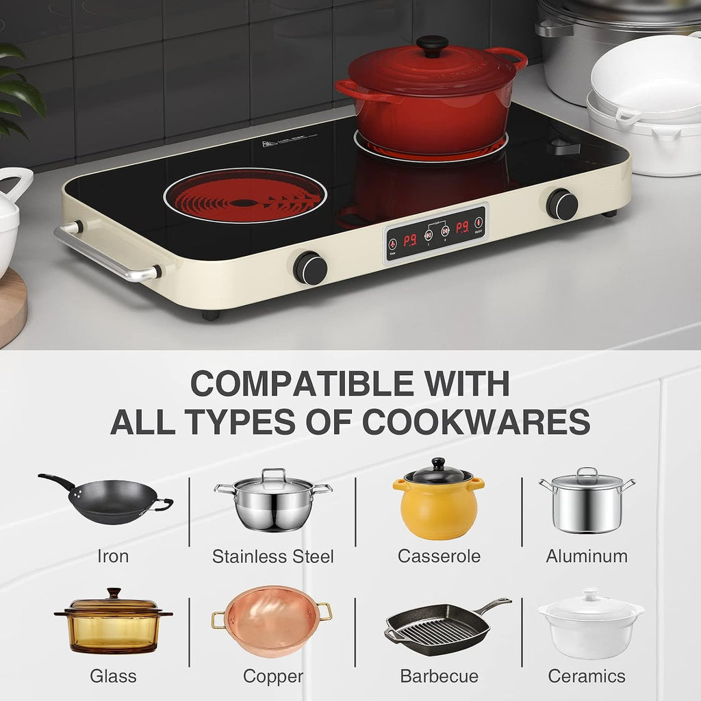 ANHANE 2200W Double Electric Cooktop: 12 Inch Portable Ceramic Infrared Hot Plate with 9 Power Levels & Timer - 110V/120V Countertop Burner with Reliable Knob Control, Works with All Cookware