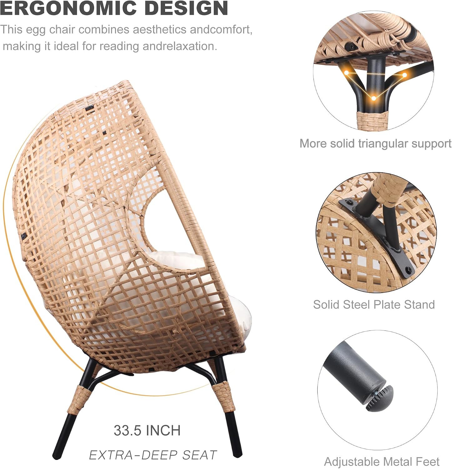 Oversized Wicker Egg Chair Outdoor Indoor Rattan Patio Egg Lounge Chairs with Cushion 500lbs Capacity for Living Room, Balcony, Backyard(Beige)