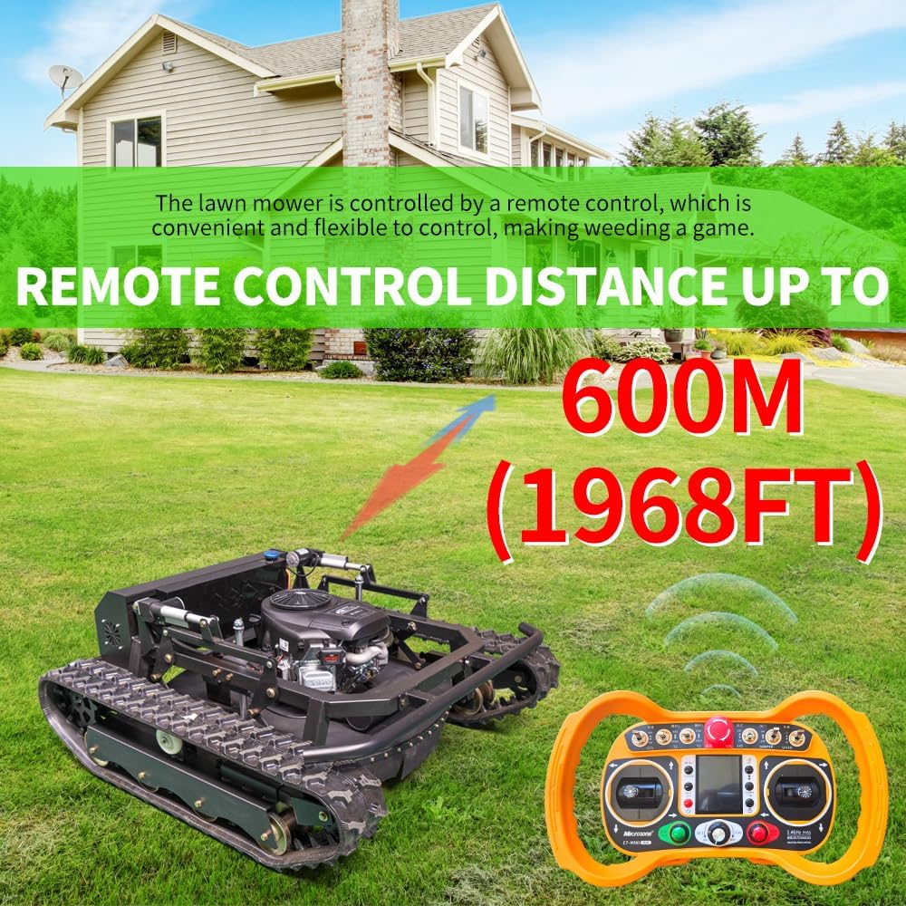 Remote-Controlled Tracked Robotic Lawnmower, Equipped with a 27hp High-Power Twin-Cylinder Engine and 48V Brushless Motor, All-Terrain Lawnmower, Climbing 65° Slope, Mowing Width 35.43 Inches