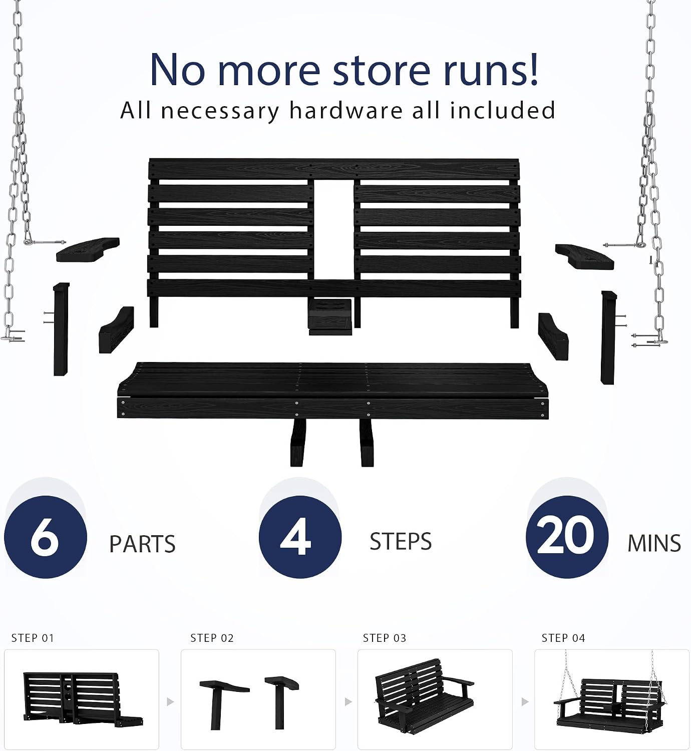 KINGYES Outdoor Patio Swing Set - 2 Seat Hanging Porch Swing with Cup Holders, Waterproof & 660LBS Weight Capacity, Black