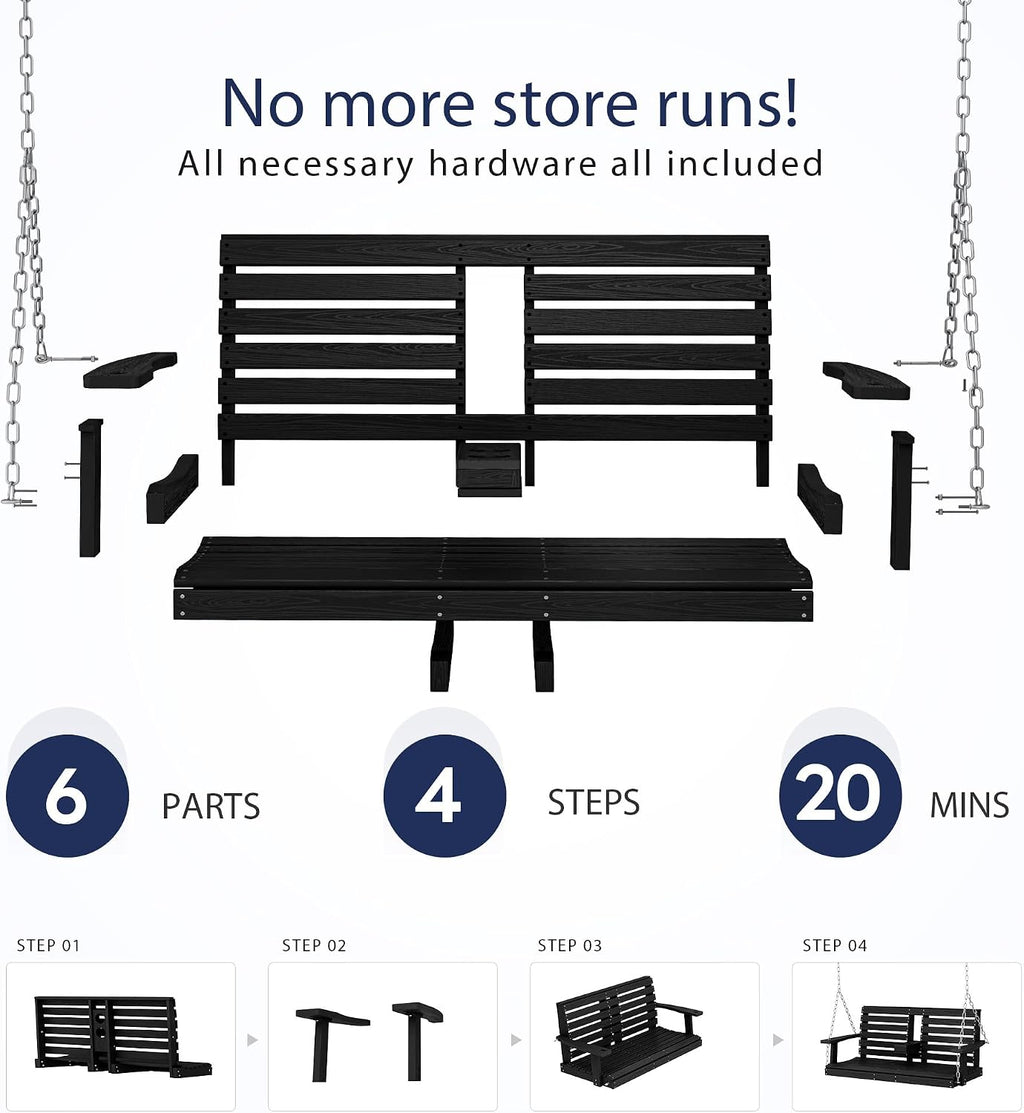 KINGYES Outdoor Hanging Porch Swing Set of 4, 2 Seat Patio Chair With Cup Holders, Waterproof Bench for Courtyard & Garden, 660LBS Weight Capacity, Black