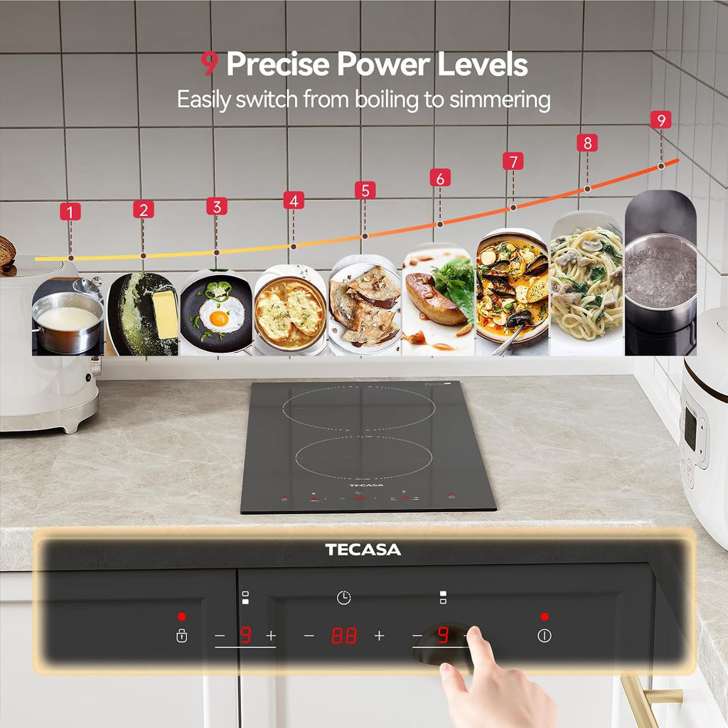 12 Inch 2 Burners Electric Cooktop, TECASA 3000W Radiant Electric Hob with 9 Power Levels, Built-in Ceramic Stove Top with Child Lock, Timer, Residual Heat Indicator, Hard Wire (No Plug)