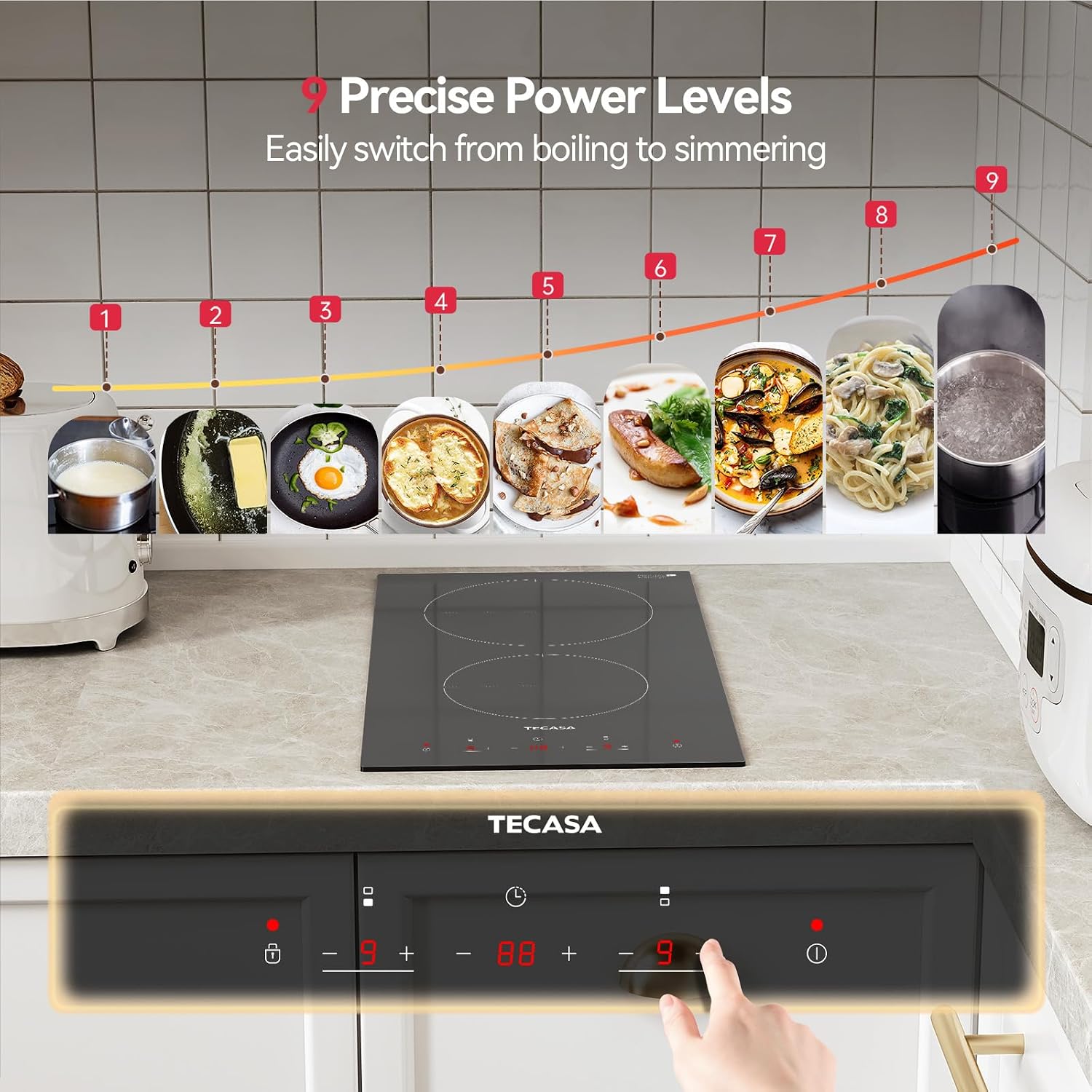 12 Inch 2 Burners Electric Cooktop, TECASA 3000W Radiant Electric Hob with 9 Power Levels, Built-in Ceramic Stove Top with Child Lock, Timer, Residual Heat Indicator, Hard Wire (No Plug)