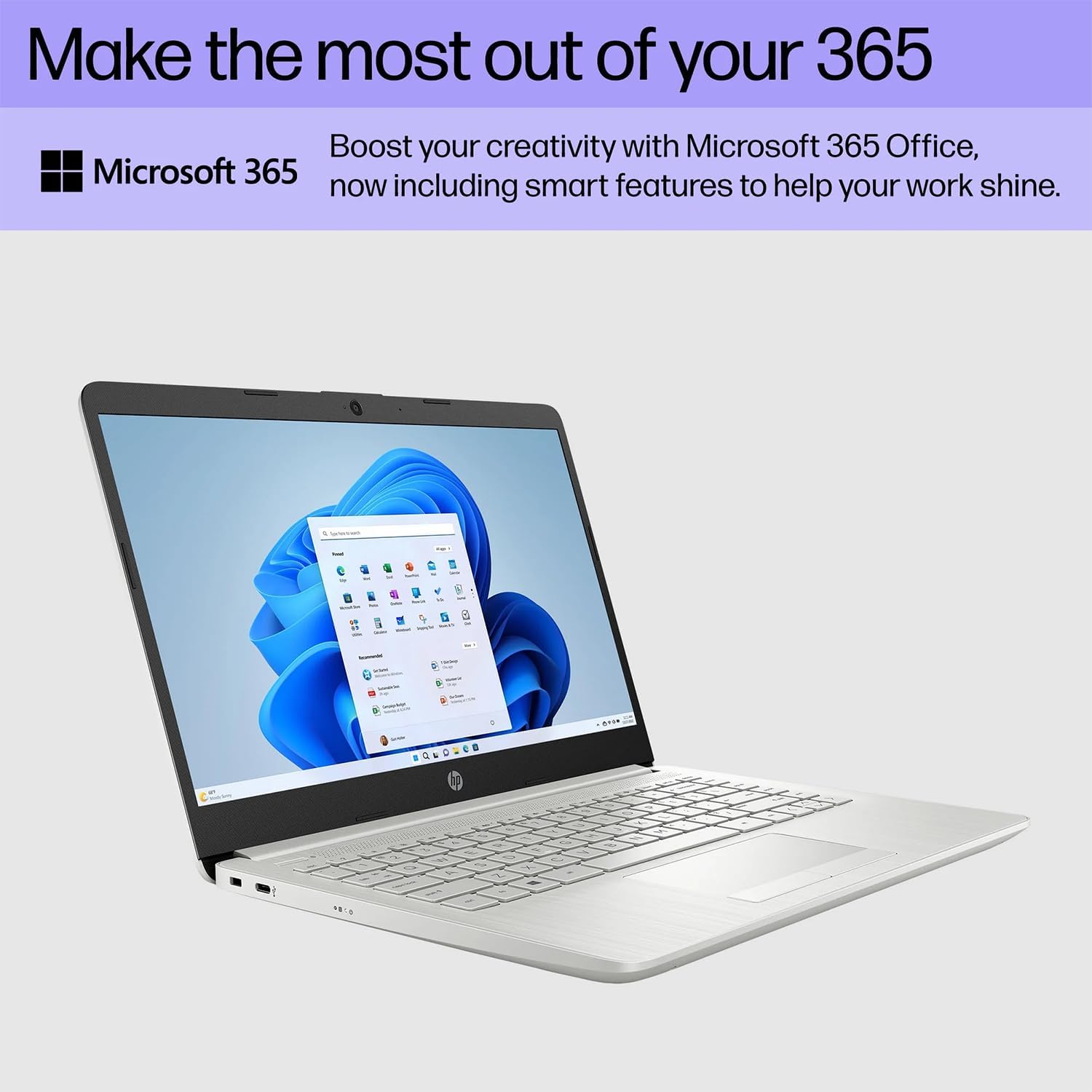 HP Portable Laptop, Student and Business, 14' HD Display, Intel Quad-Core N4120, 4GB DDR4 RAM, 64GB eMMC, 1 Year Office 365, Webcam, RJ-45, HDMI, Wi-Fi, Windows 11 Home, Silver